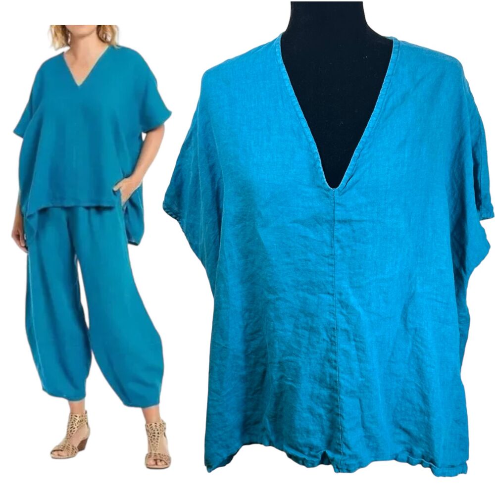 Bryn Walker Baxter Teal Blue V-Neck 100% Linen Blouse Top Size S Oversized Fit